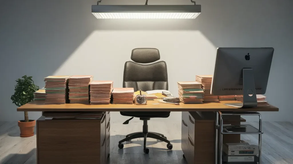 Escritório moderno com mesa de madeira, papéis coloridos, monitor de computador, planta em vaso e cadeira ergonômica.