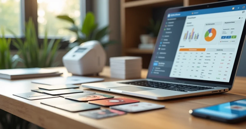 Mesa de escritório com cartões em PVC personalizados ao lado de notebook com painel de gestão