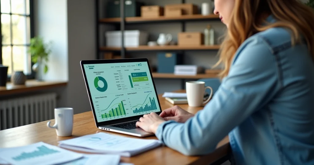 Revendedor analisando painel de vendas em ERP no notebook