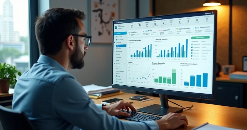 Revendedor gráfico analisando painel de ERP com indicadores financeiros e de produção