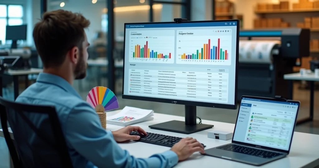 Gestor de gráfica usando sistema ERP com gráficos e pedidos na tela