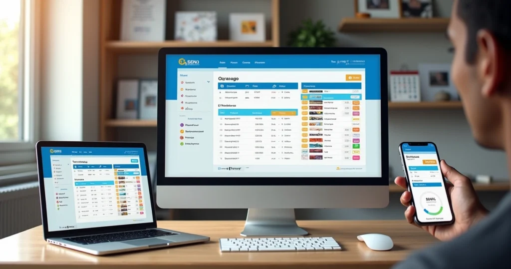 Tela de computador com painel de pedidos gráficos digitais e cliente vendo status no celular