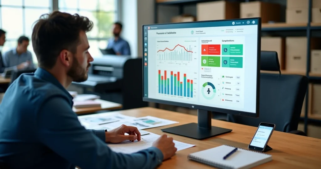 Gestor gráfico analisando painel de vendas com alertas de erros e indicadores