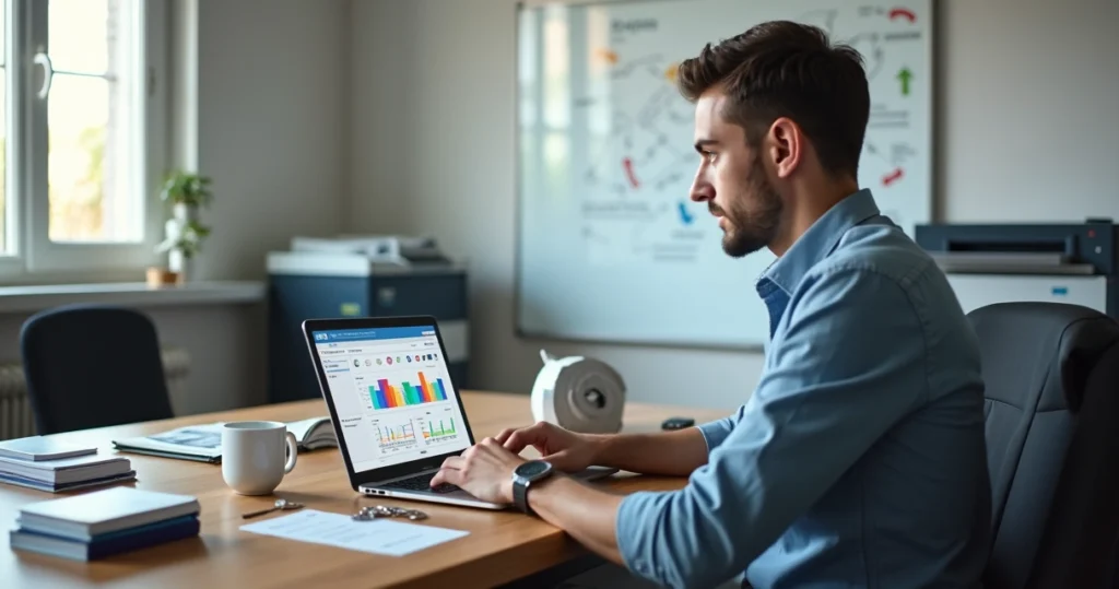 Revendedor gráfico usando sistema ERP em notebook com gráficos de vendas em alta