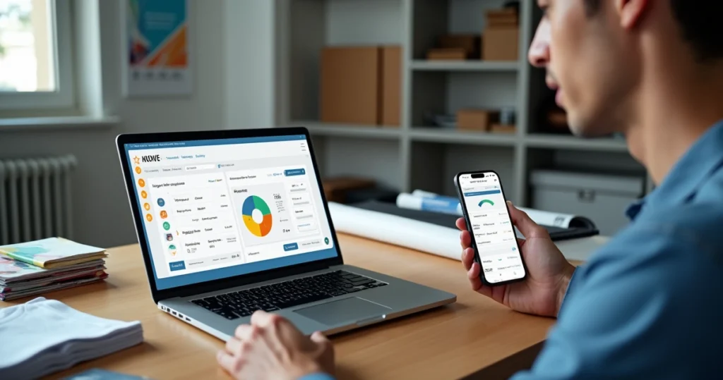 Revendedor gráfico usando sistema online de orçamentos e pedidos no notebook com cliente acompanhando produção