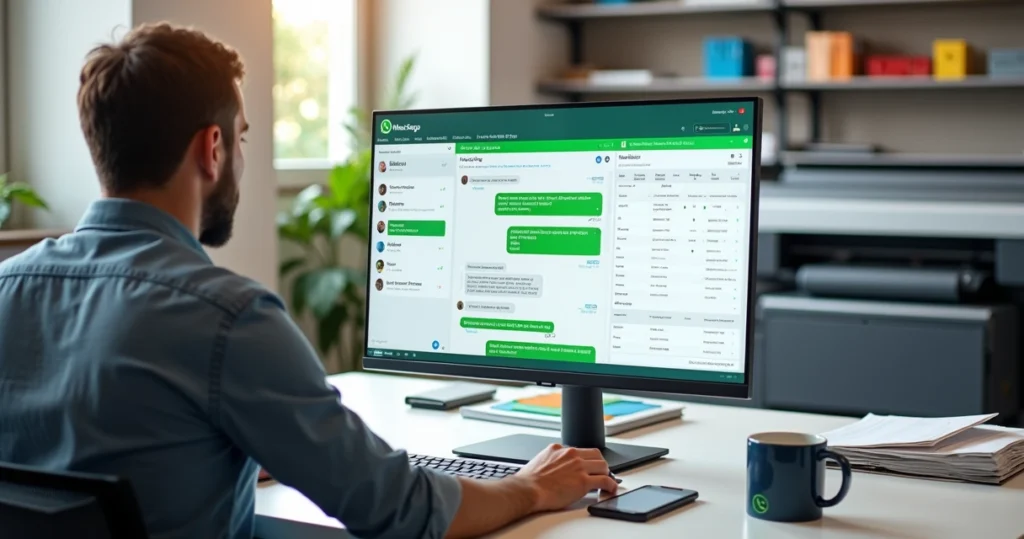 Revendedor de gráfica atendendo cliente pelo WhatsApp no computador com painel de ERP na tela