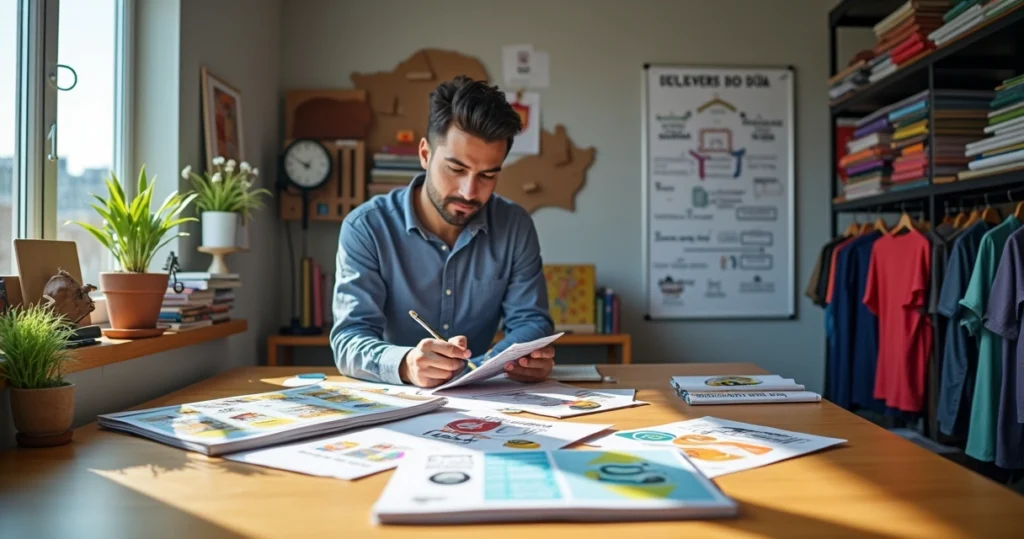 Revendedor gráfico comparando catálogos de gráficas na mesa de trabalho