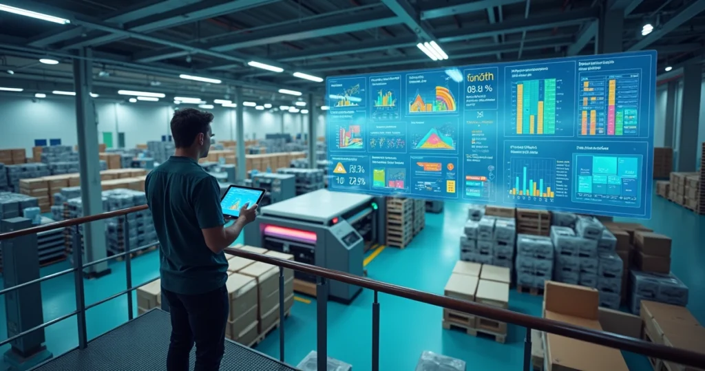 Gestor de gráfica em passarela elevada observando produção integrada em telas digitais