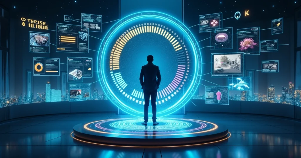 Revendedor tipo graficonauta controlando operação gráfica em painel futurista
