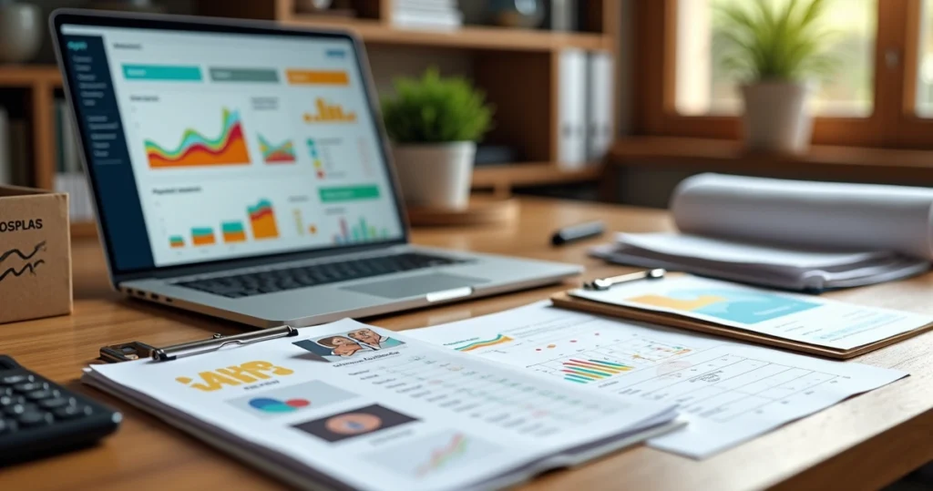 Mesa de trabalho com materiais gráficos, laptop e planilha de lucro do revendedor