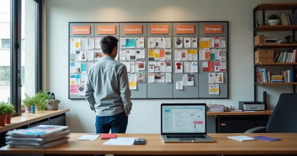 Revendedor de gráfica organizando pedidos em mural de kanban colorido