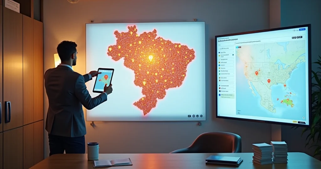 Revendedor gráfico observando mapa do Brasil com pontos de retirada e painel ERP na parede