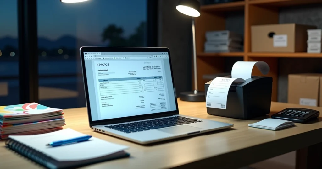 Revendedor de materiais gráficos conferindo nota fiscal eletrônica na tela do notebook