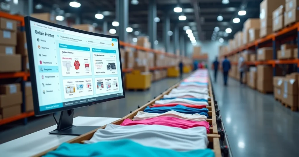 Tela dividida mostrando ERP integrado com gráfica online e pacotes saindo de esteira de produção