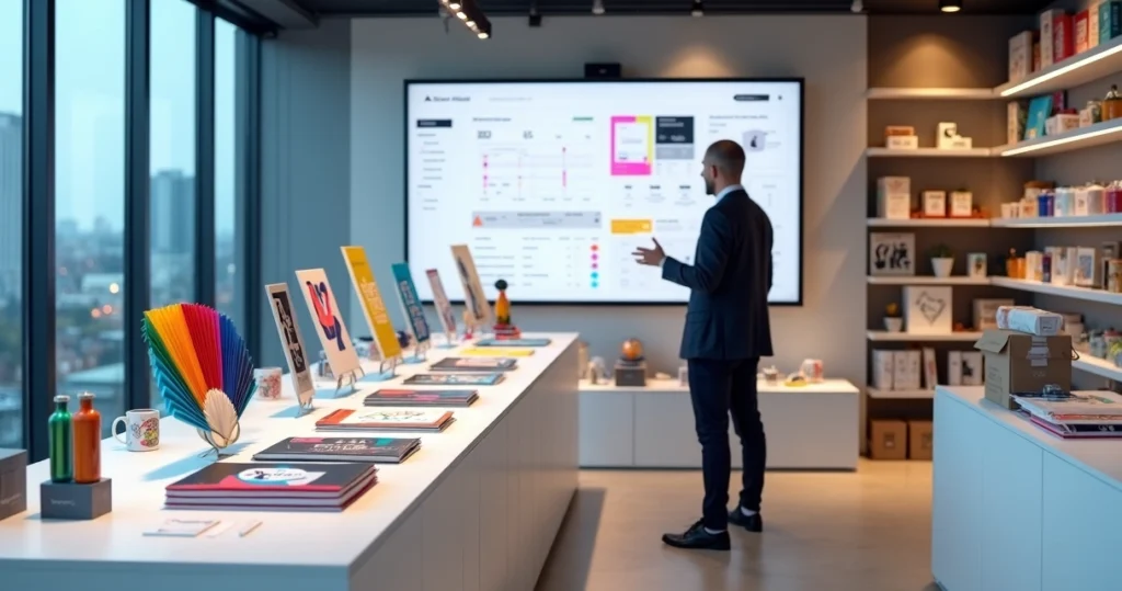 Showroom de revenda gráfica com estação digital de gestão ao fundo