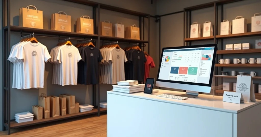 Loja de roupa moderna com produtos personalizados e painel digital de gestão no balcão
