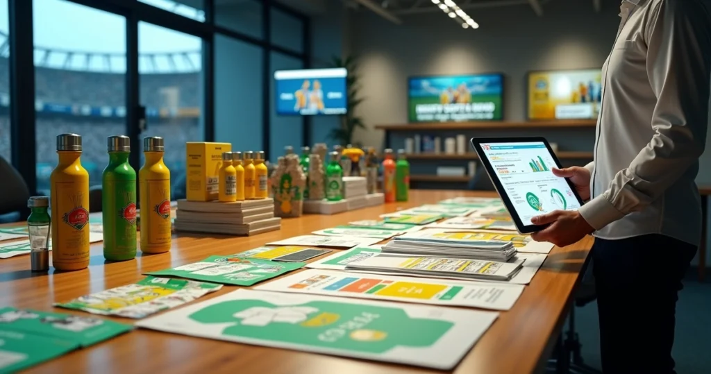 Revendedor preparando materiais da Copa 2026 com paineis digitais de gestão ao fundo