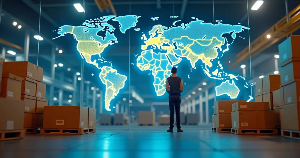 Revendedor acompanhando mapa do Brasil com rotas de entrega e caixas personalizadas