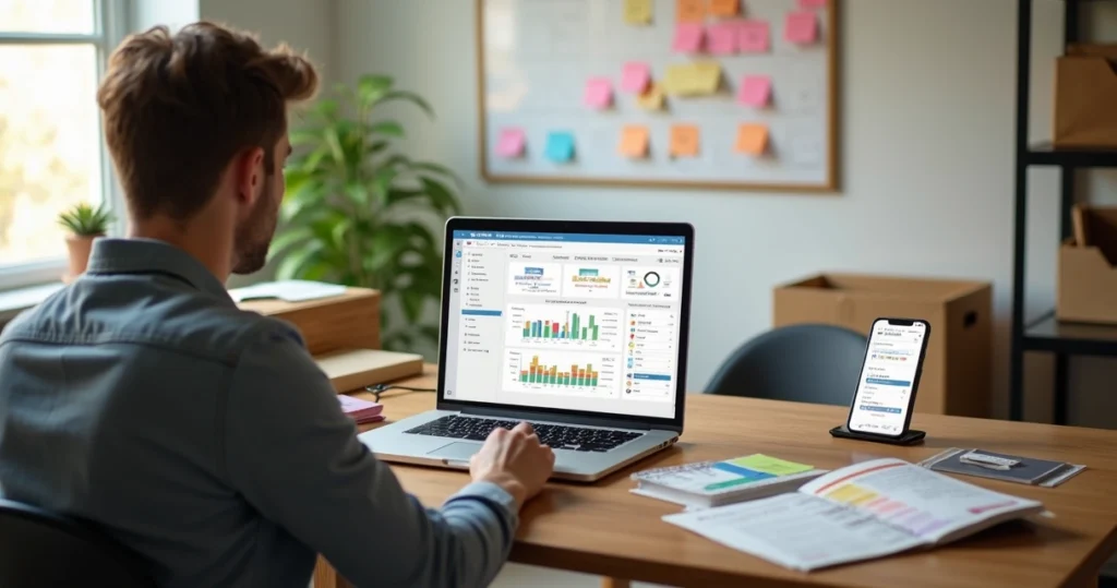 Revendedor gráfico em escritório simples usando notebook com amostras impressas sobre a mesa
